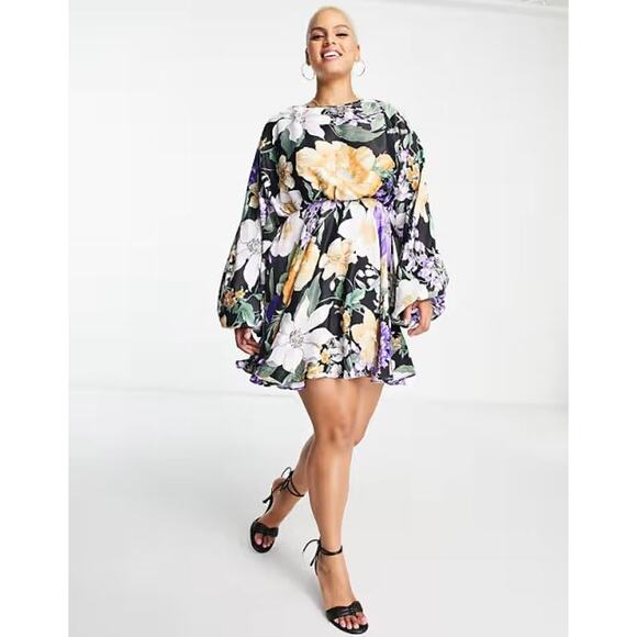 ASOS Dresses & Skirts - ASOS Edition Curve Floral Mini Dress Women's Size 26 Black Multi Blouson Sleeve